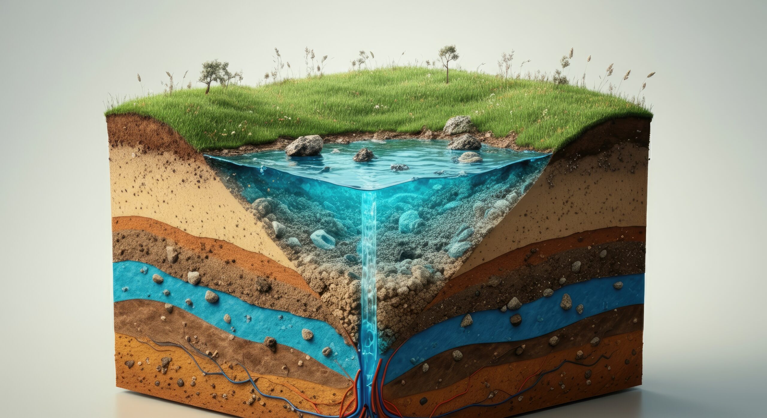 3D model of groundwater, soil layers, and cross-section aquifers showcasing water flow 3D model of groundwater, soil layers, and cross-section aquifers showcasing water flow